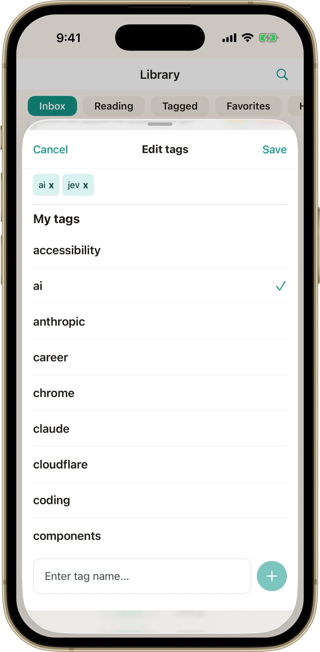 Bredbox mobile app tag editor sheet showing active tags and tag selection list