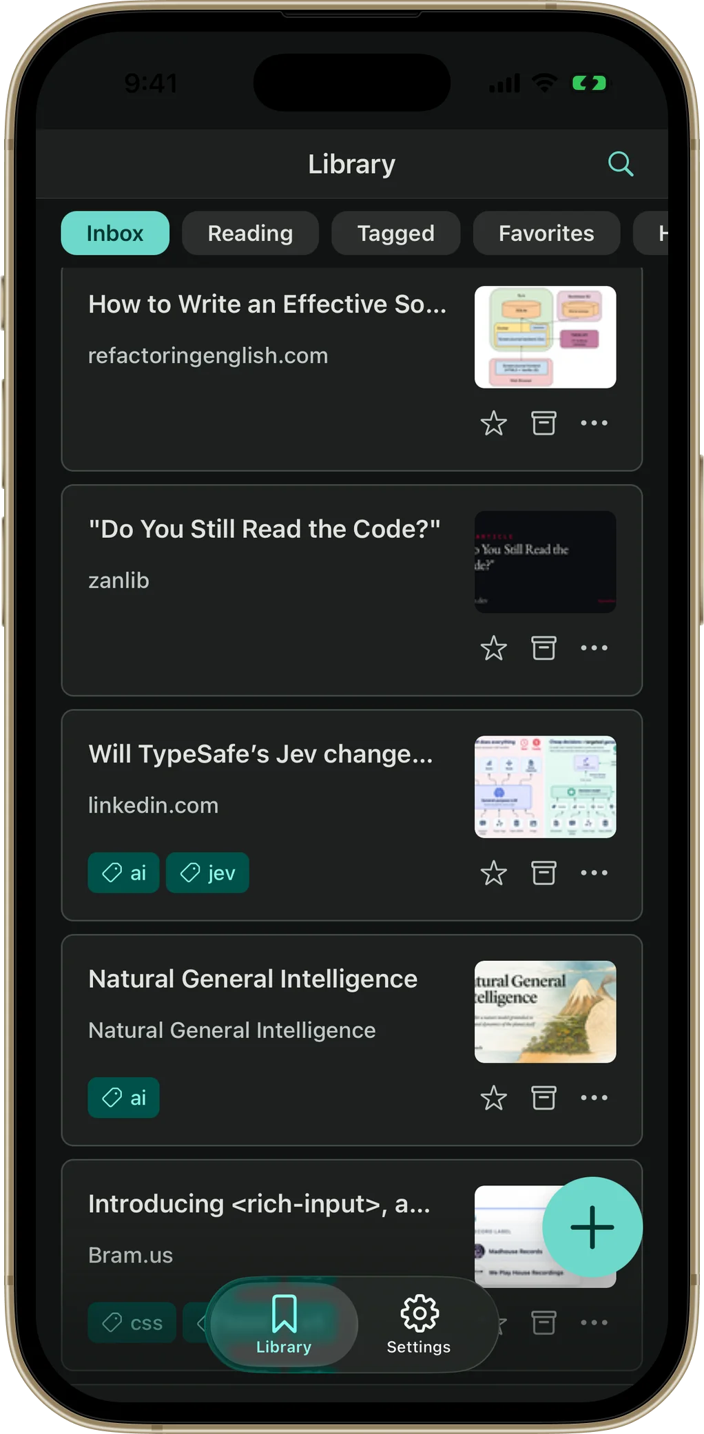 Bredbox mobile app inbox in sleek dark mode on iPhone