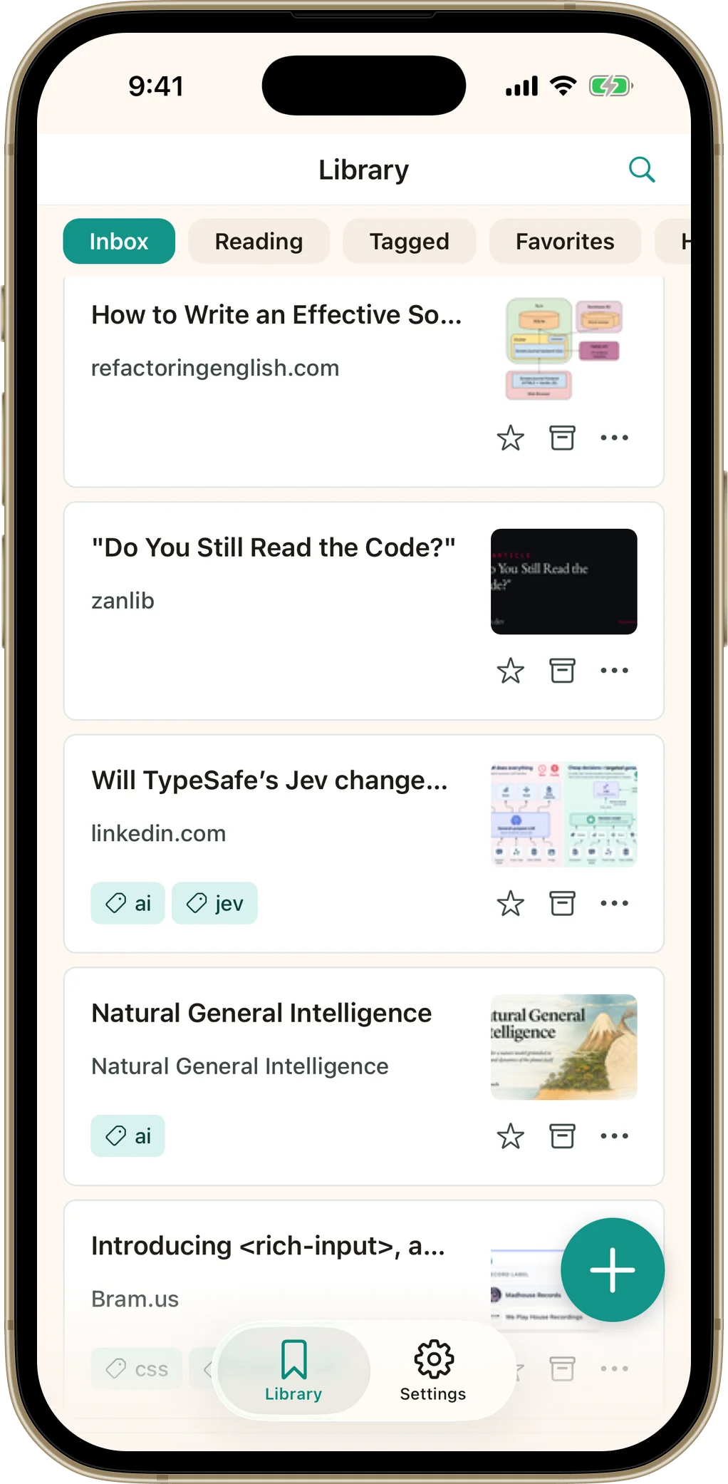 Bredbox mobile app inbox on iPhone displaying saved articles and clean navigation
